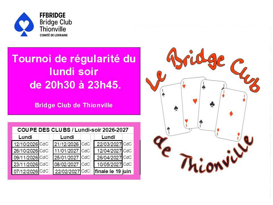 Tournoi de régularité lundi soir à 20h30