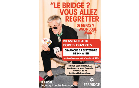Portes ouvertes au Bridge Club de Thionville  le dimanche 27 septembre 2026 de 14.00 à 18.00